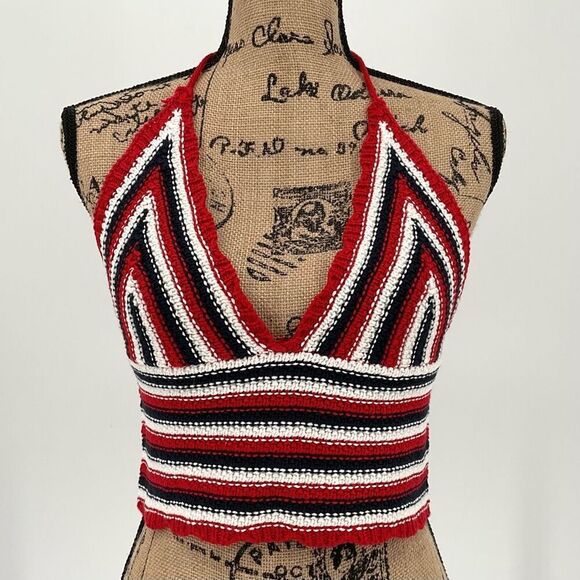 Moon & Madison Striped Crochet Halter Top Strapless Red White Blue Women Medium - Picture 1 of 8